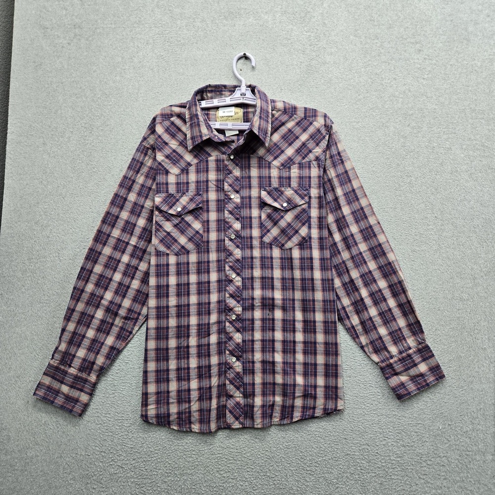 Wrangler Men Button Up Shirt XL‎ Blue Plaid Western Logo Long Sleeve Pearl Snap